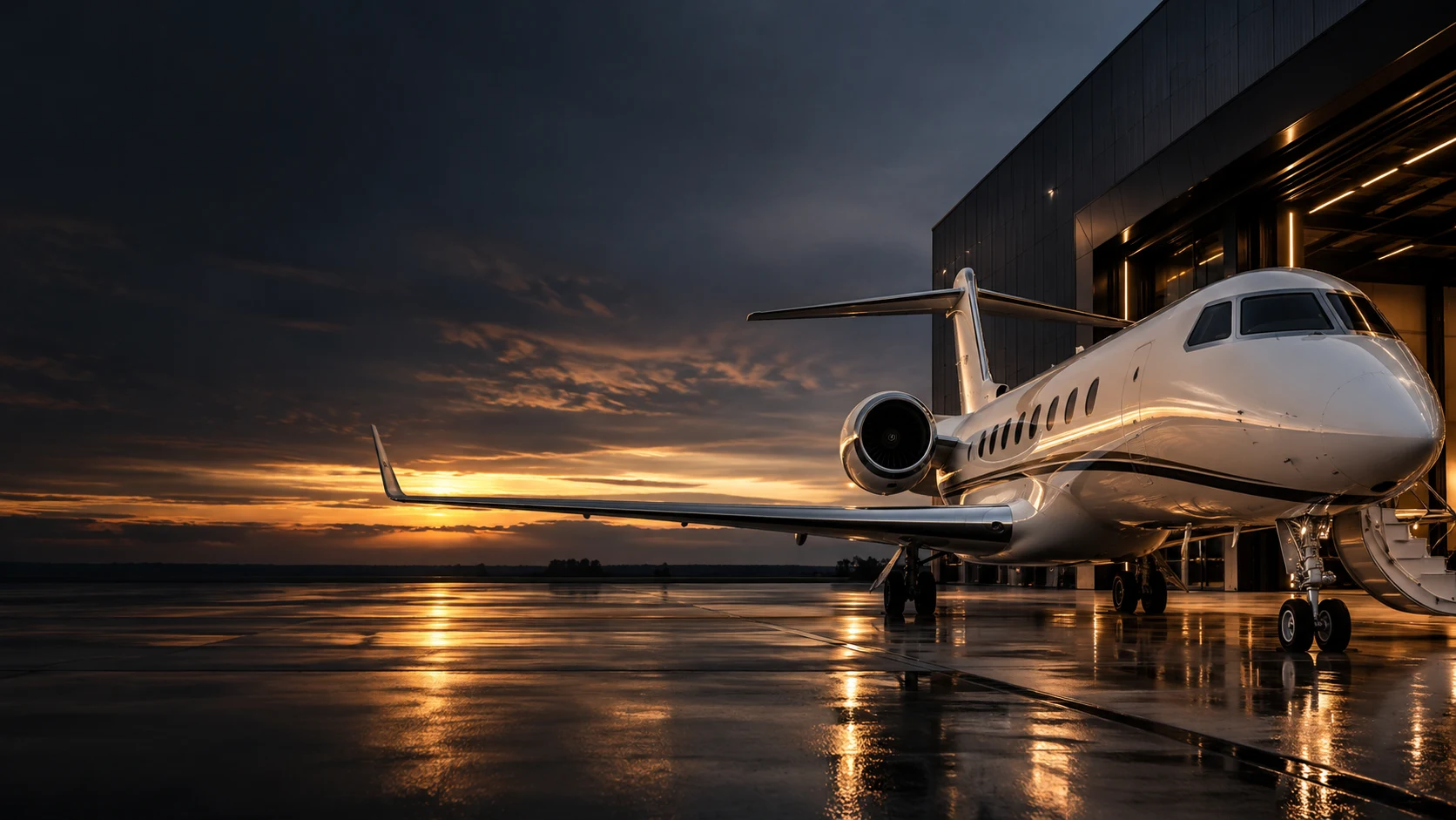 Private jet at sunset